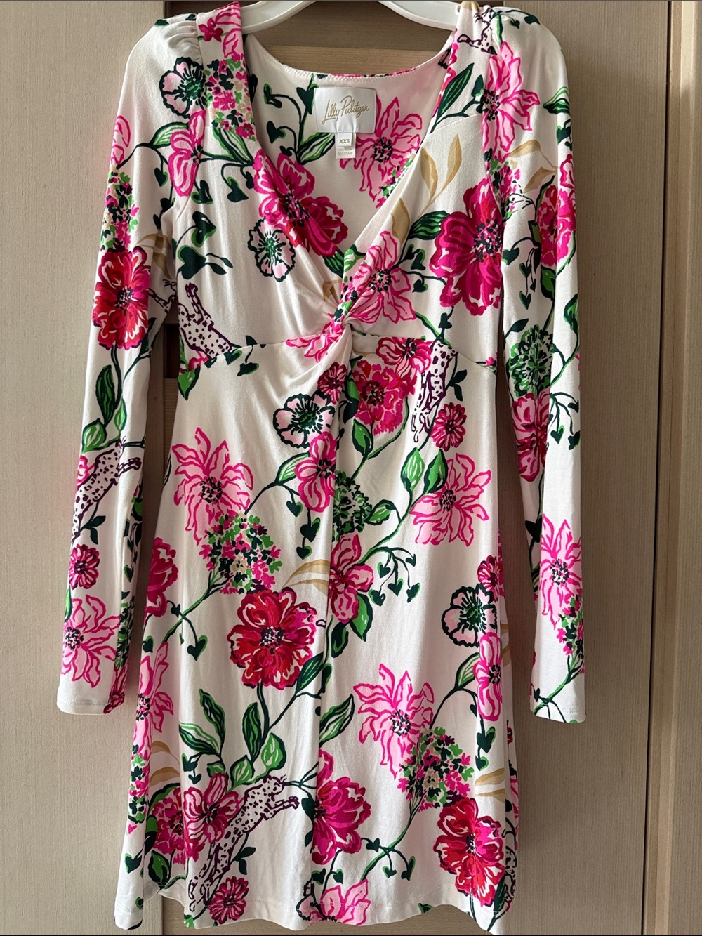 Lilly Pulitzer Cream Long-Sleeve Floral Wrap Dress with Pink Blooms